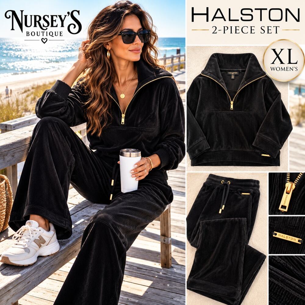 Halston XL Black Ribbed Velour 2 Piece Set Quarter Zip Top Wide Leg Pants